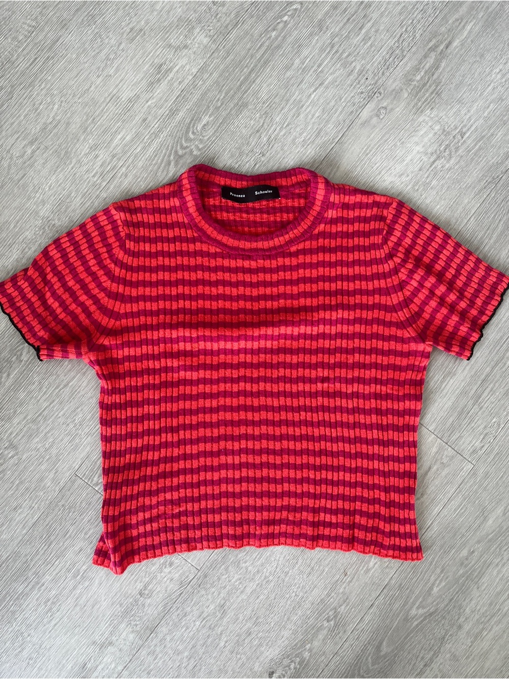 Proenza Schouler Red and Pink Ribbed Short Sleeve Tee Crop Top